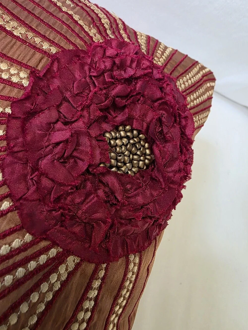Pier 1 Floral Beaded Embroidered Square Ribbon Burgundy Rust Pillow Cover 18x18